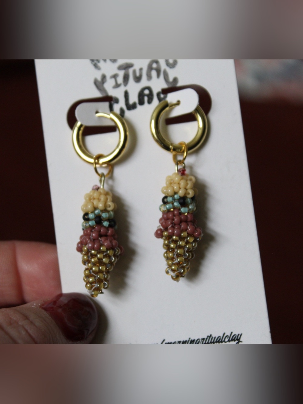 Handcrafted Beaded Ice-cream Cone Drop Hoop Earrings - vanilla, mint chip